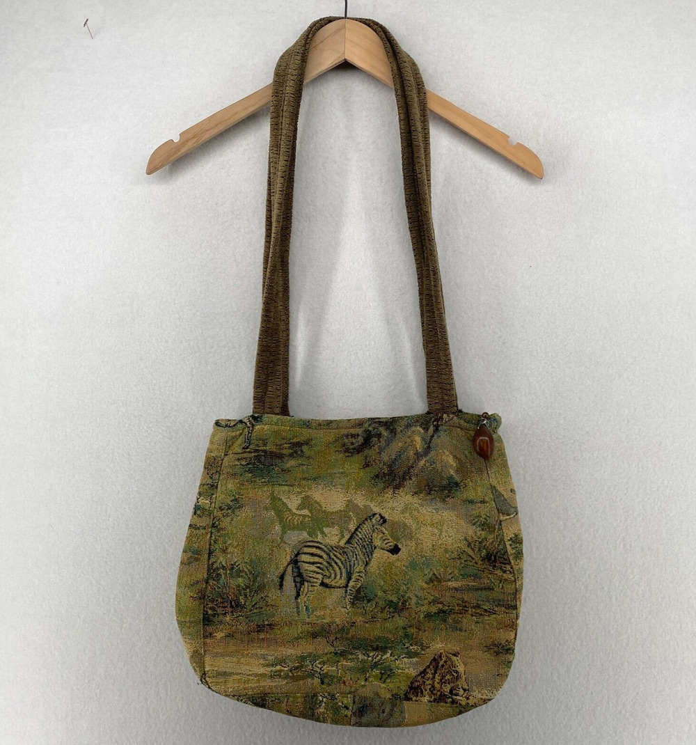 A.RUIZ NEW YORK Handcrafted Womens Handbag Tapestry Zebra Safari Green